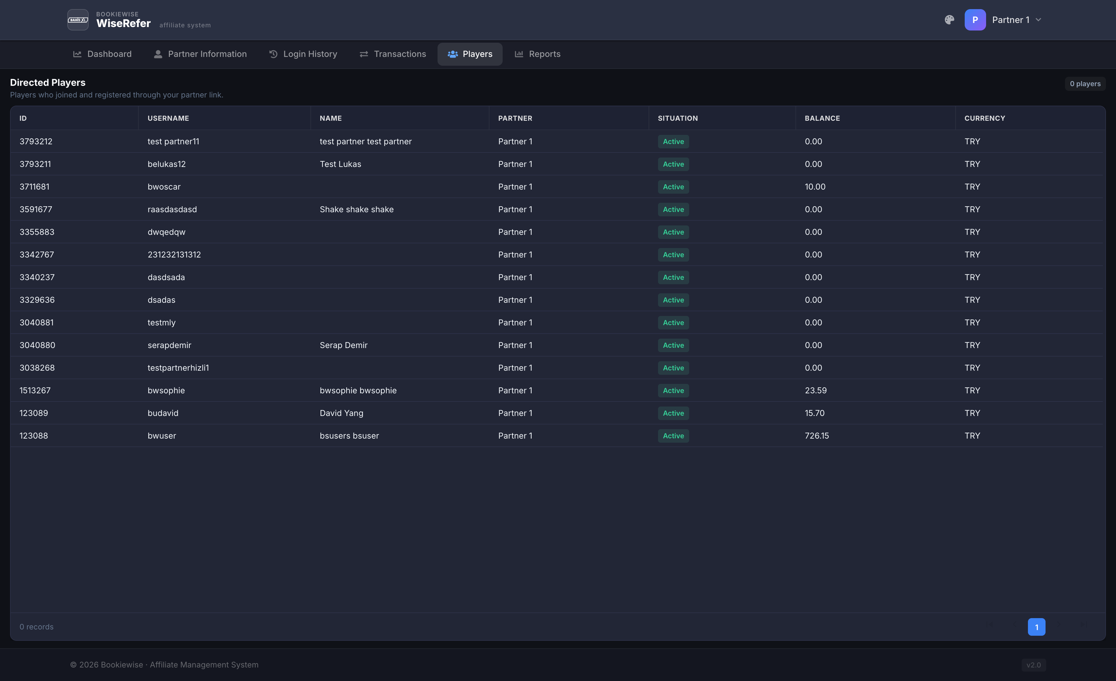 WiseRefer directed players list with status, balance and activity tracking